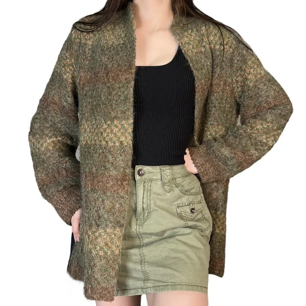 VINTAGE Mohair Blend Union Made Earthy Tone Cardigan Sweater Fairy Grunge Large - Picture 2 of 10